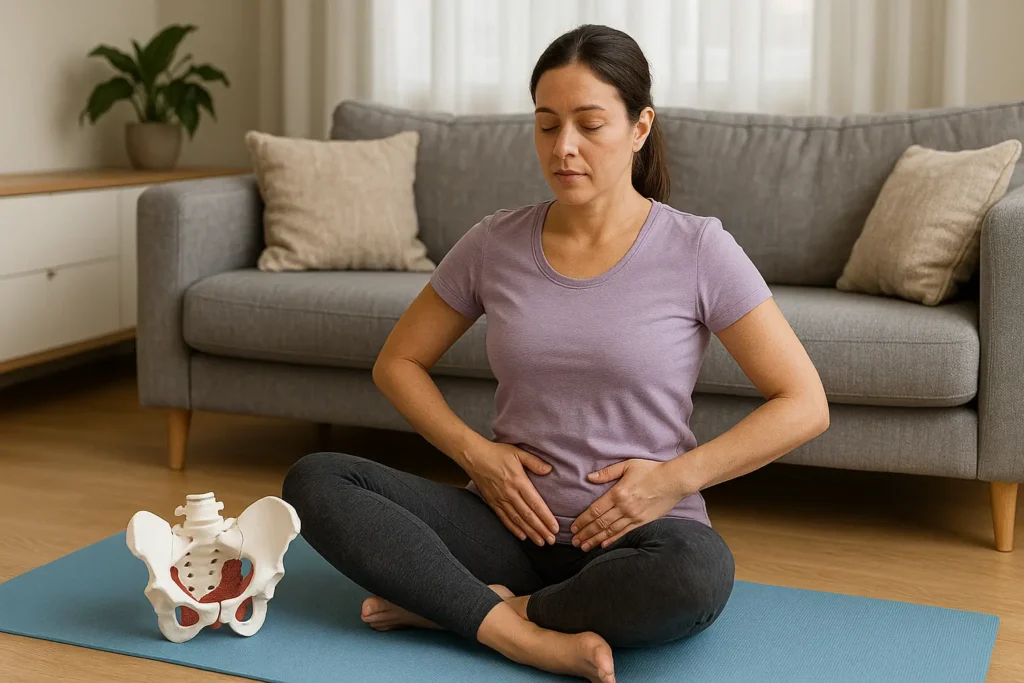 Mulher sentada em posição de meditação sobre um tapete de yoga azul, com as mãos sobre o abdômen, praticando exercícios para a musculatura pélvica em uma sala de estar iluminada. Ao lado dela, há um modelo anatômico da pelve feminina.