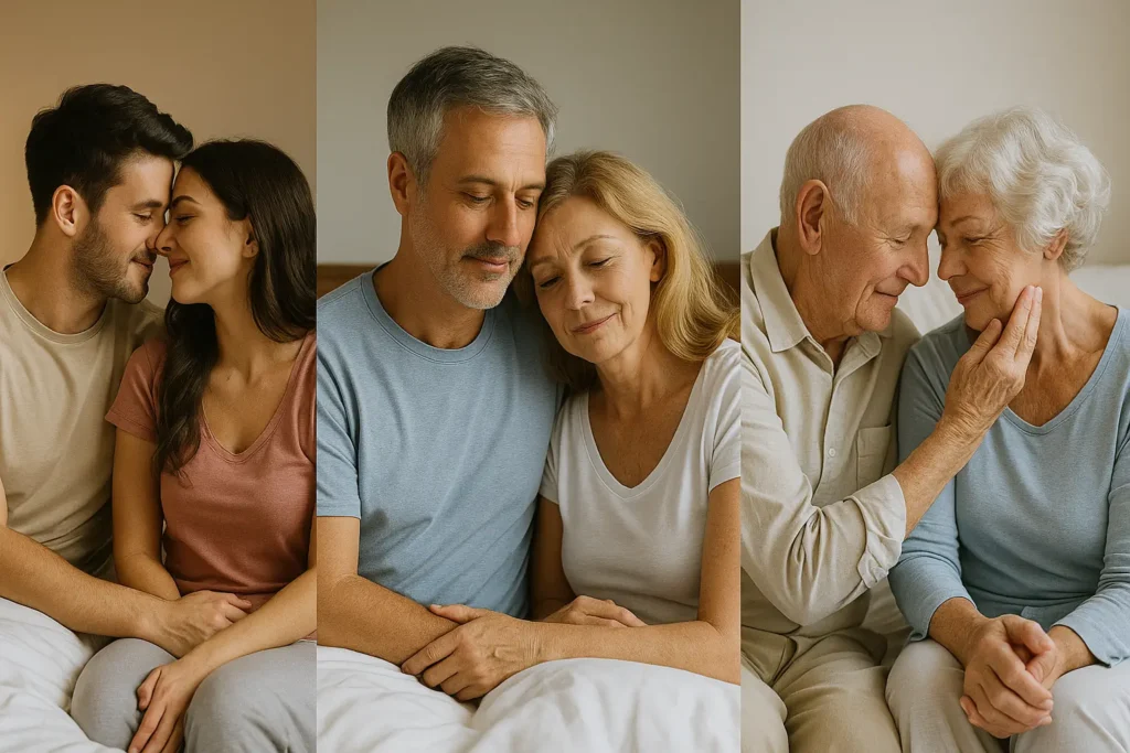 Três casais em diferentes fases da vida — juventude, meia-idade e velhice — demonstram afeto e intimidade sentados lado a lado na cama, cada um em seu momento de conexão, com expressões de carinho e cumplicidade em um ambiente acolhedor.