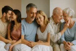 Três casais em diferentes fases da vida — juventude, meia-idade e velhice — demonstram afeto e intimidade sentados lado a lado na cama, cada um em seu momento de conexão, com expressões de carinho e cumplicidade em um ambiente acolhedor.