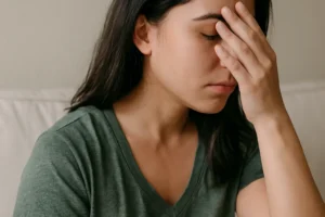 Mulher com expressão de tristeza cobre parcialmente o rosto com a mão, sentada em um sofá. A imagem mostra apenas o perfil direito de seu rosto, transmitindo sensação de angústia e vulnerabilidade.