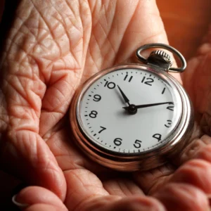 Relógio antigo em mãos idosas representando o envelhecimento e o tempo.