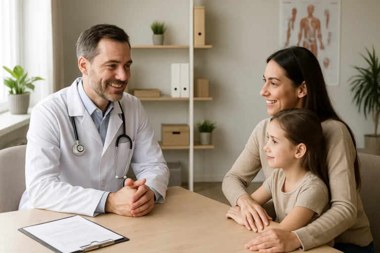 Médico sorridente atendendo mãe e filha em consultório iluminado, em ambiente acolhedor e familiar.