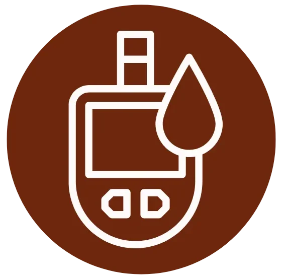 Ícone de glicosímetro com gota de sangue, representando glicemia alta e resistência à insulina.