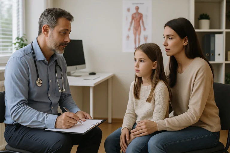 Médico conversando com mãe e filha em consultório, em um ambiente acolhedor, durante avaliação de saúde familiar.