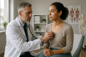 Médico realizando avaliação clínica abrangente com estetoscópio em consultório, representando o cuidado integral à saúde.
