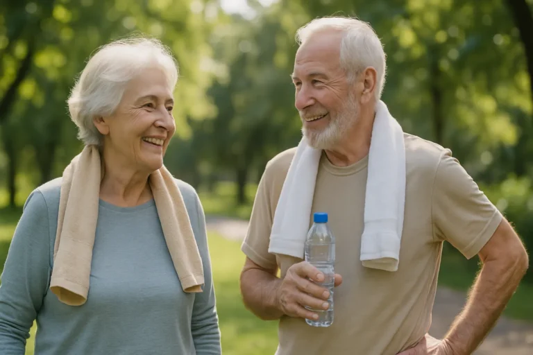 Casal de idosos caminhando ao ar livre em um parque verde, sorrindo e praticando atividade física, representando cuidados no envelhecimento e qualidade de vida na terceira idade.