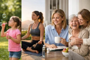 Mulher em diferentes fases da vida, da infância à terceira idade, representando o envelhecimento feminino com saúde, cuidado integral, bem-estar e qualidade de vida.