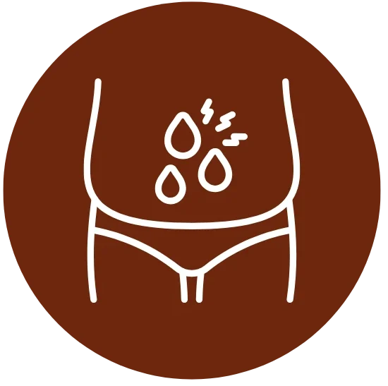 Ícone ilustrativo de inchaço abdominal, mostrando região do abdômen com gotas e sinal de desconforto.