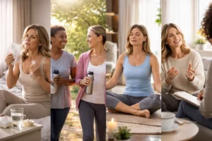 Mulher na menopausa em momentos de autocuidado emocional, incluindo relaxamento, atividade física, apoio social e escuta terapêutica, representando o cuidado com a saúde mental nessa fase da vida.